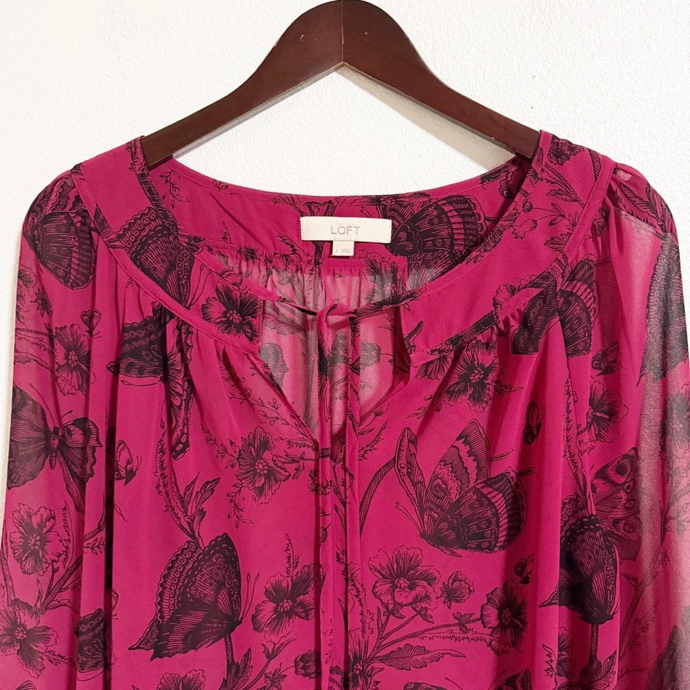 Loft Butterfly Floral Tie Neck Chiffon Blouse - Picture 3 of 10
